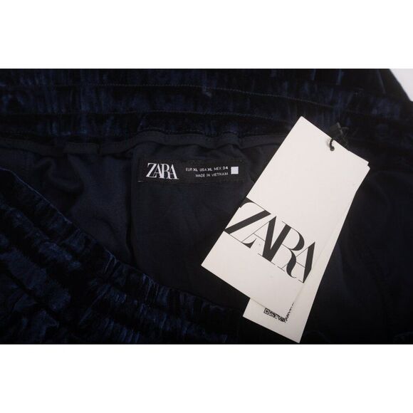 Zara Womens Crushed Velvet Pants Trousers XL Navy Blue drawstring 8245/600 NWT - Picture 8 of 8